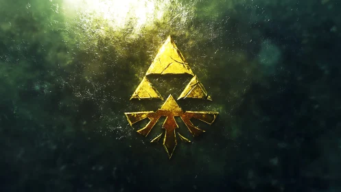 Golden triangular crest glows within dark ethereal mist.
