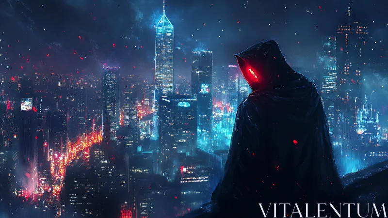 Hooded watcher cloaks neon city in quiet, electric dread