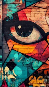 Vivid street mural eye peers from bold geometric color blocks