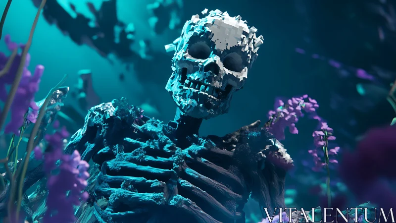 Voxelized skeletal corpse rendered with depth-of-field bloom lighting