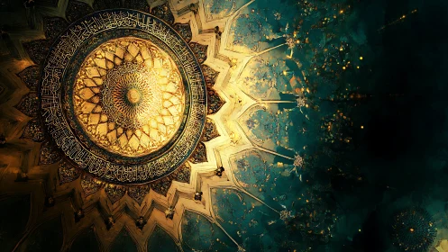Islamic dome mandala glows with ornate golden calligraphy