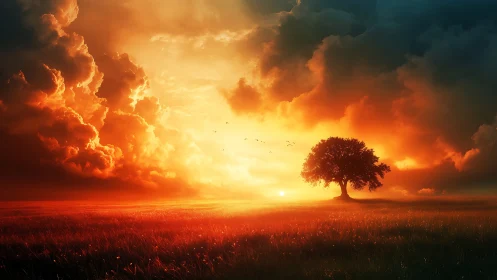 Solitary tree under blazing cinematic sunset skyscape.