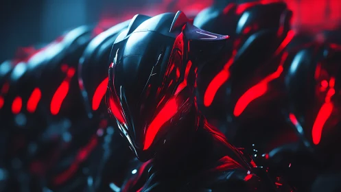 Neon warhost of crimson-eyed android sentinels awakening.