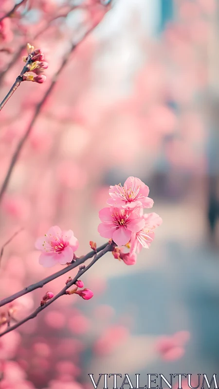 Cherry blossom blooms on branch with soft bokeh background