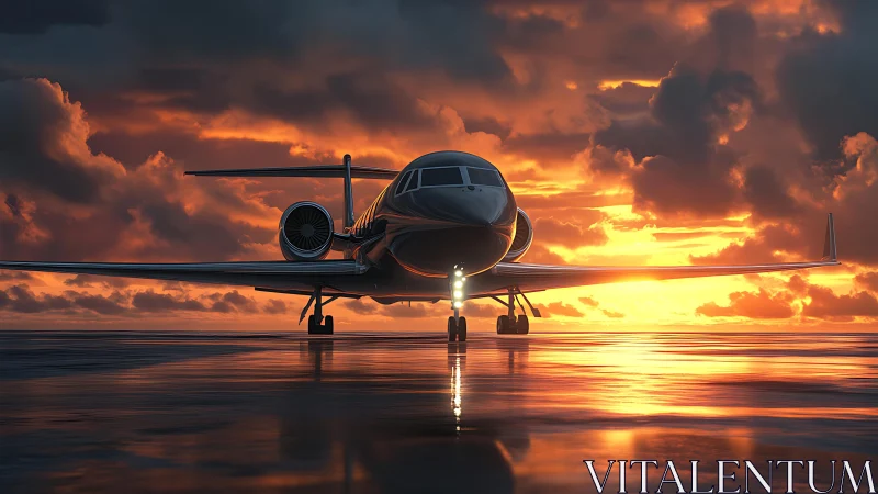 Sunlit luxury jet poised over reflective runway waters.