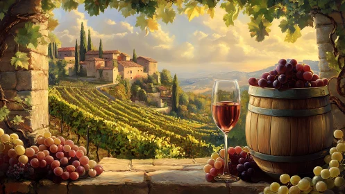 Vineyard terrace with grapes, wine glass and hillside village.
