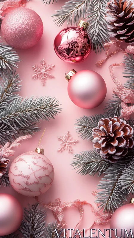Pink Christmas ornaments with frosted pine branches layout