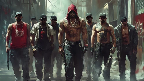 Armed street gang advances through graffiti alley at dusk.