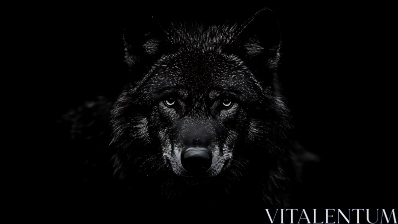 Midnight black wolf portrait with high-contrast rim lighting.