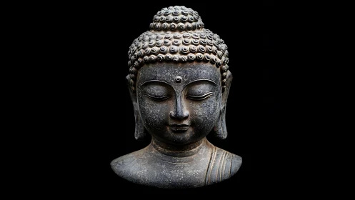 Serene stone Buddha bust against deep black void background.