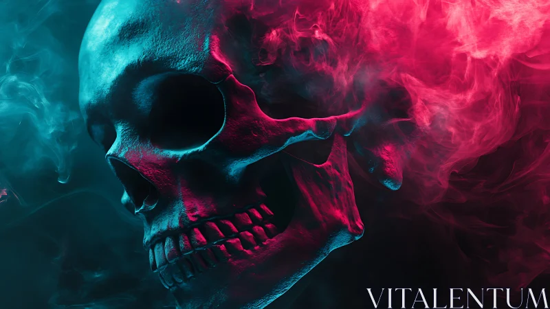 Bold neon skull glows through swirling blue and red smoke