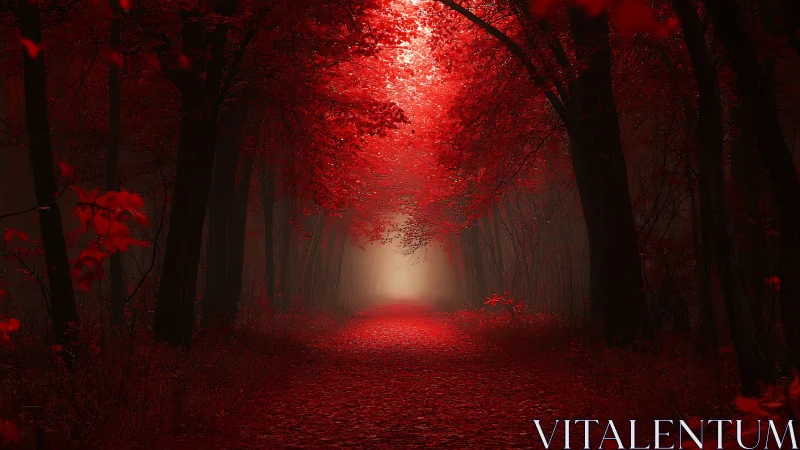 Red Forest Pathway Through Autumn Trees.