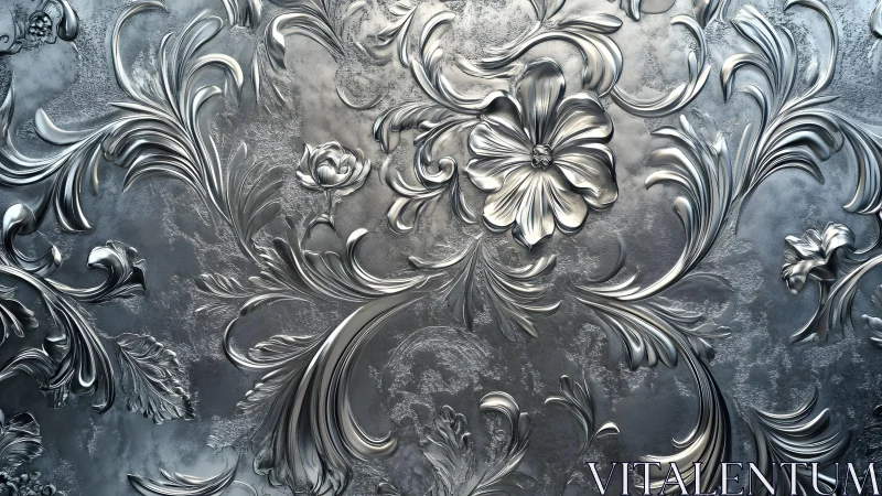 Elegant Metallic Floral Relief Pattern in Baroque Style.