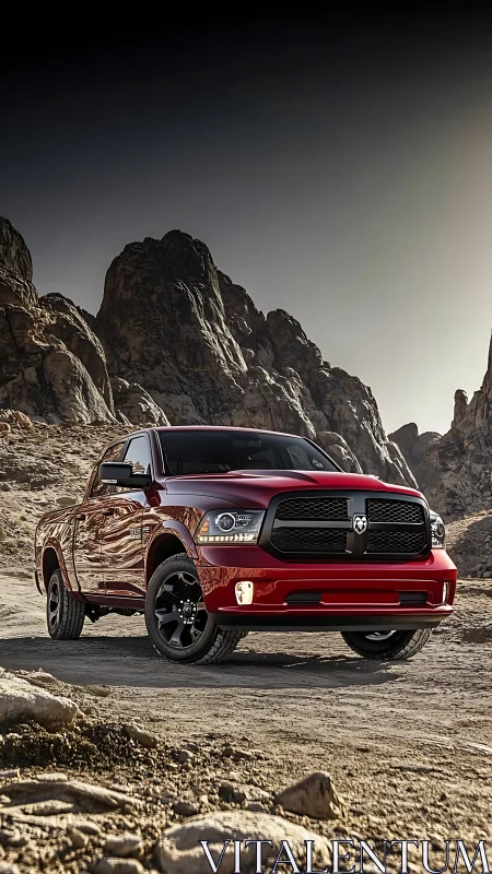 Red off-road pickup truck on rocky desert trail at dusk