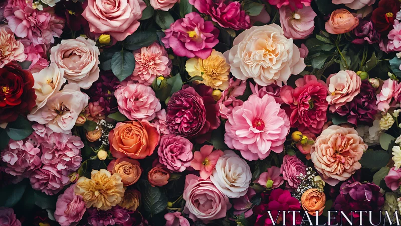 Vibrant Floral Garden: Pink, Blush, Gold Roses and Peonies.