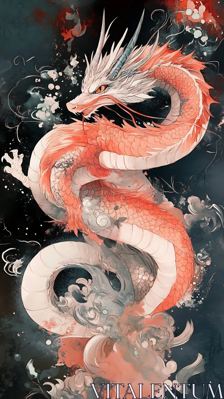 Storm-touched koi dragon coils through ink-washed clouds.