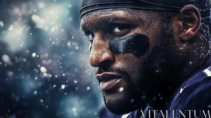 Focused football player under snow in close portrait shot.