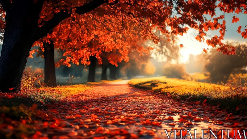 Photorealistic autumn avenue with luminous foliage canopy.