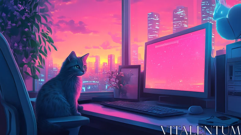 Neon lit cat watches glowing monitor over dusk city