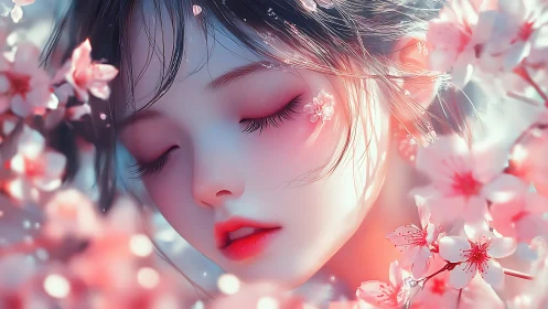 Girl with closed eyes framed by pink cherry blossoms
