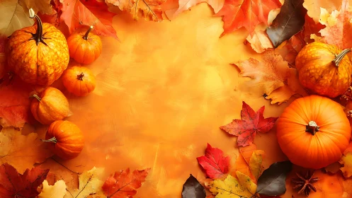 Pumpkins and autumn leaves arranged around orange center