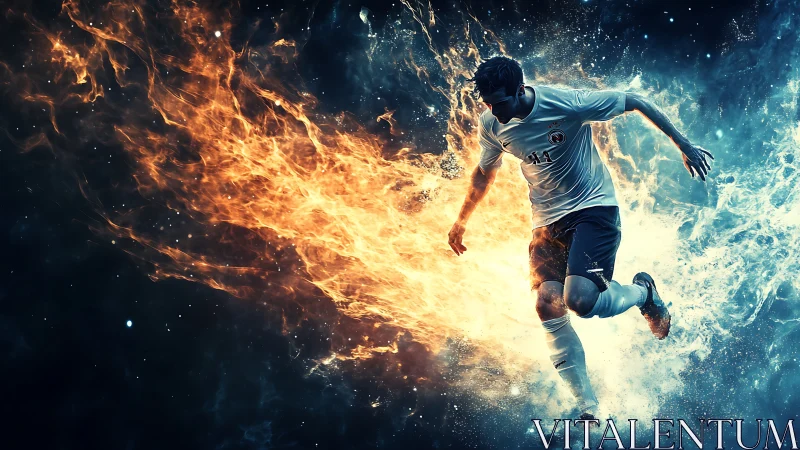Dynamic soccer player bursts through dual fire and ice field