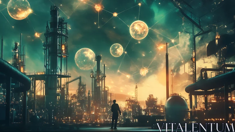 Lone figure gazes at celestial orbs above neon-lit refinery