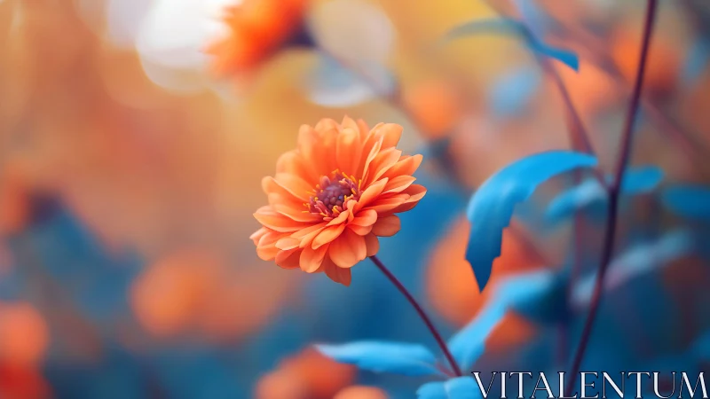 Dahlia Bloom with Bokeh: Macro Floral Composition with Warm Amber and Cool Blue Palette.