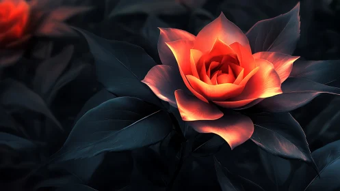 Digital painting of luminous rose against deep teal foliage.