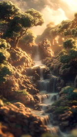 Sunlit terraced waterfall in stylized rocky forest valley.