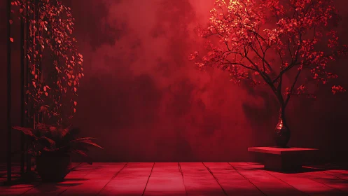 Crimson interior with sculpted bonsai tree in dramatic light.