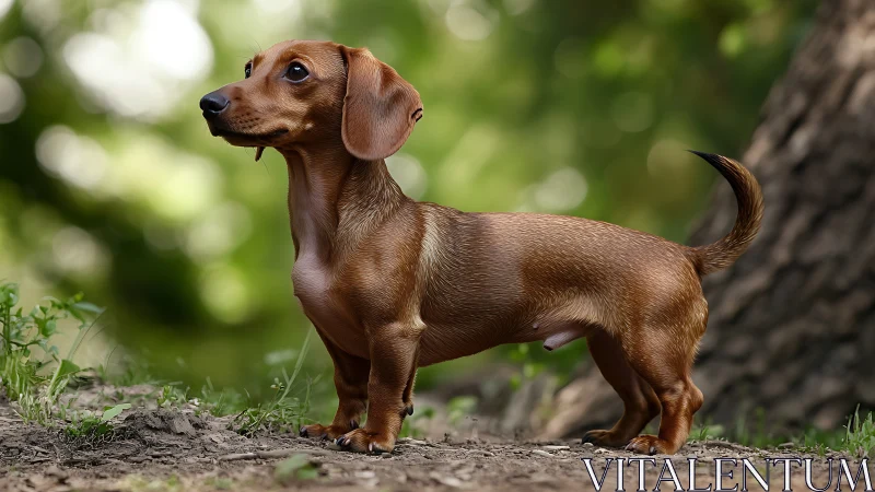Short-haired dachshund standing outdoors in side profile.
