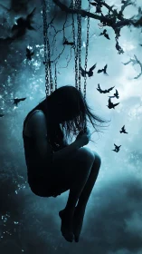 Solitary girl on chained swing floats in eerie moonlit forest.