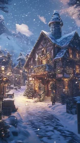Snowy alpine village street with cozy lit stone houses.