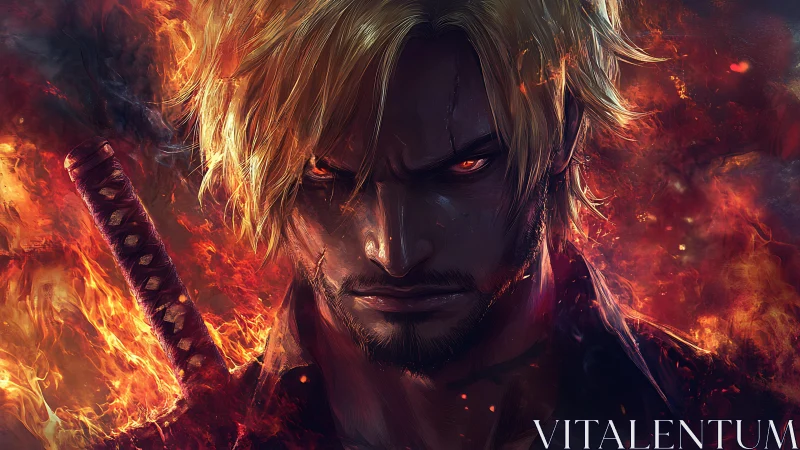 Fierce swordsman gazes through blazing fire with steady resolve