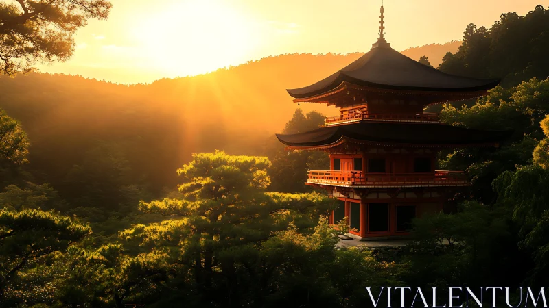Japanese pagoda in golden forest sunset light.