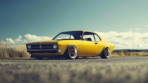Retro yellow coupe with widebody stance on rural asphalt road