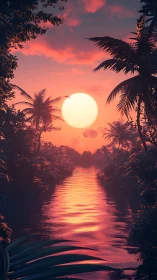 Sunset river quietly smuggles molten light through jungle