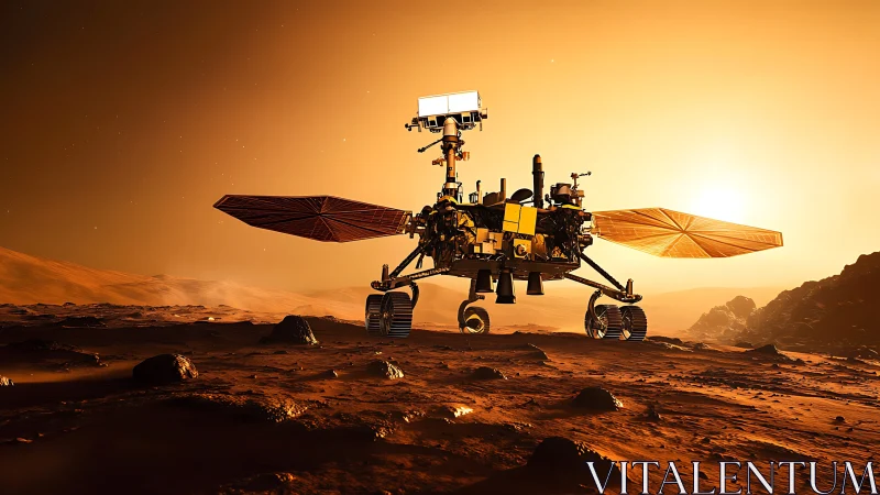 Solar rover surveys glowing Martian desert at sunrise.