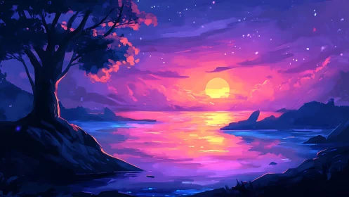 Dreamy violet sunset paints a tranquil coastal fantasy cove