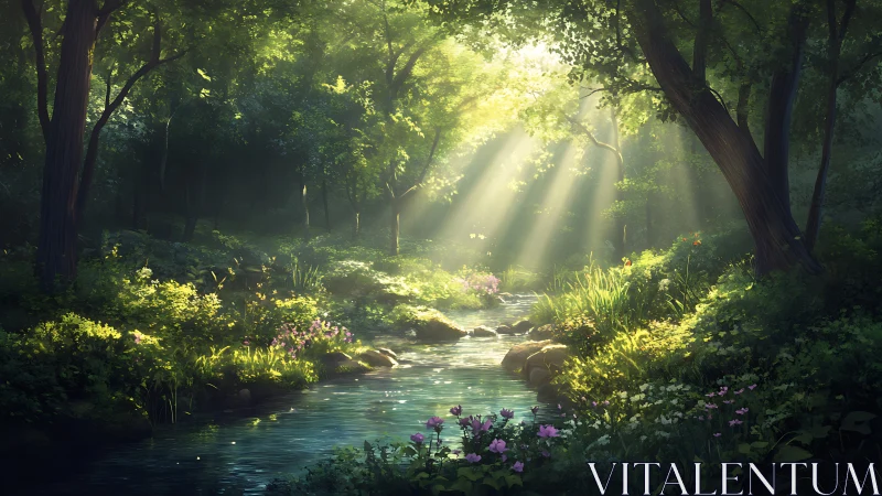 Volumetric sunbeams over riparian forest stream corridor.