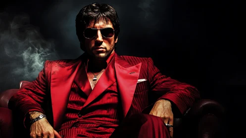 Stylized crime boss in red suit against dark smoky void.