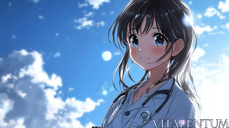 Kindhearted anime doctor smiling under a bright blue sky.