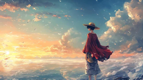 Straw-hatted dreamer weighs horizons beneath singing clouds