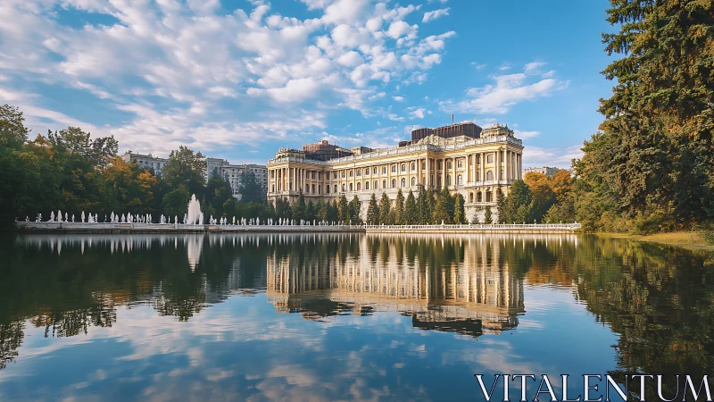 Lakeside palace glows in autumn light and mirrorlike reflections.