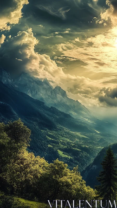 Sunlit stormfront rolling over emerald mountain valley.