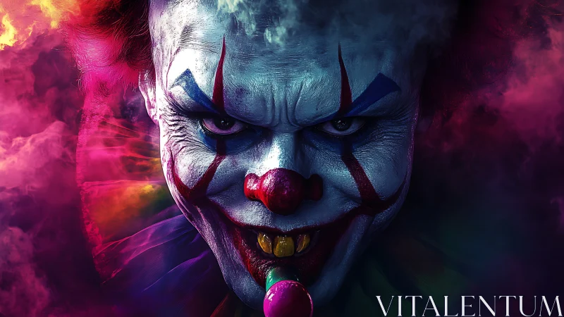 Sinister clown face stares forward amid neon fog effects