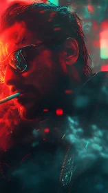 Neon-lit smoker rendered in cinematic cyberpunk chiaroscuro