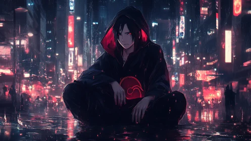 Midnight drifter in neon rain, resting between worlds.