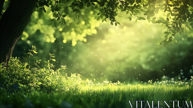 Serene sunlit forest clearing with lush greenery and soft focus.
